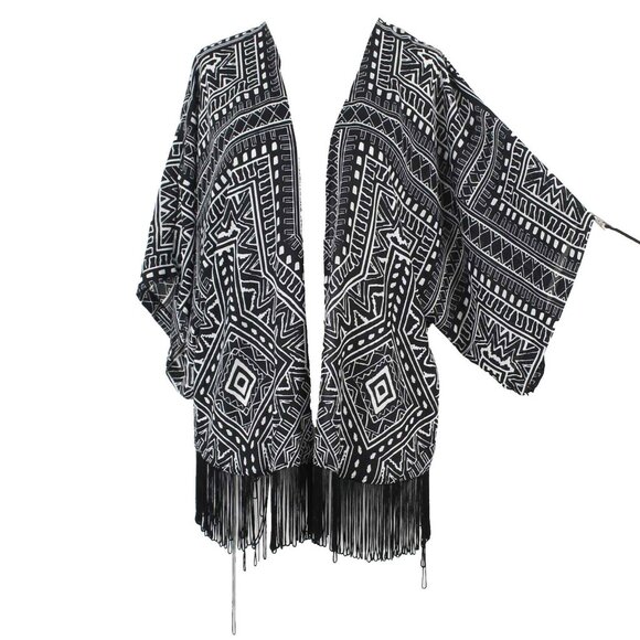 INC Sz L Black White Kimono Sleeve Fringe Detail Open 100% Polyester Wrap - Picture 1 of 5